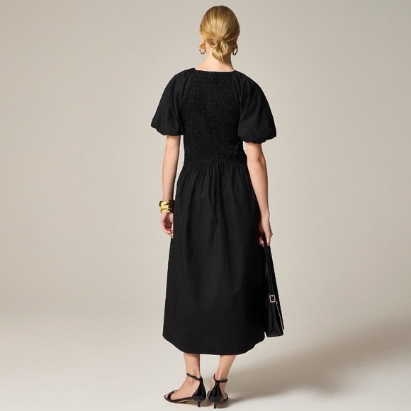 NWT!! J. CREW Meadow Dress Smocked Cotton Poplin Solid Black Midi Small Tall - Picture 8 of 15